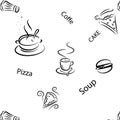 Pie, Soup, Coffee and a lot of tasty things . Black and white vector pattern .